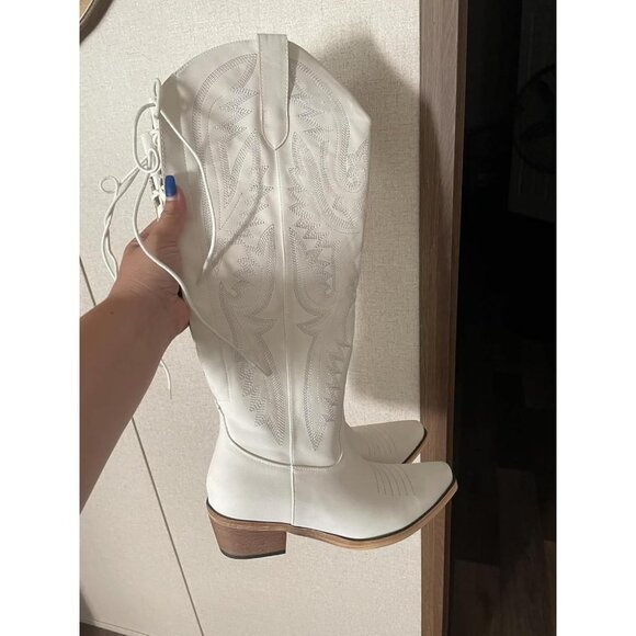 Women White-knee Polyurethane Over the Knee Adjustable Thigh High Cowgirl Boot - Picture 2 of 6